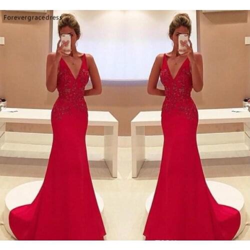 2020 Long Red Mermaid V Neck Evening Dress Lace Appliques Formal Holidays Wear Graduation Party Pageant Gown Custom Made
