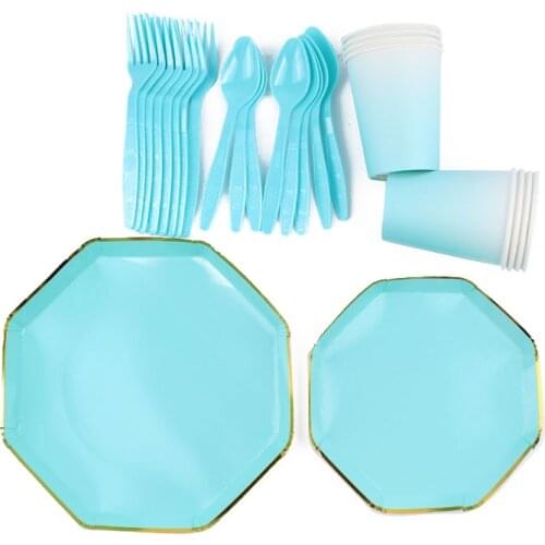 40Pc/Set Eight Sides Solid Blue Theme Disposable Tableware Birthday Decoration Baby Shower Napkin Cups Tablecloth Party Supplies