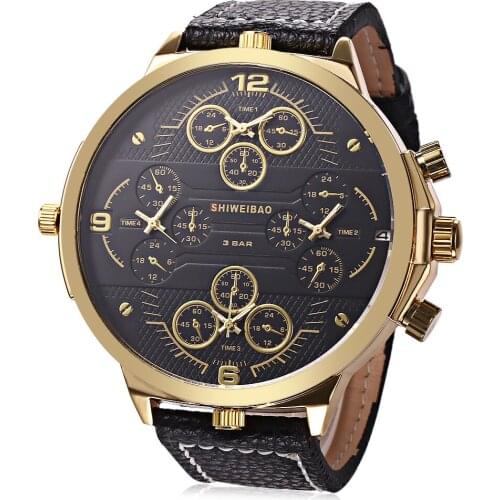 5.5cm Cool Big Gold Case Watch For Men 4 Times Display Mens Quartz Watches Luxury Leather Sport Wristwatches Military Male Clock