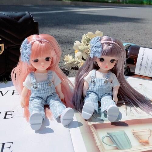 Cute BJD Overalls Girl 16cm Doll Keychain Moveable Jointed Dolls Toy for Girls Gift Women Bag Charms Car Key Pendant Key Rings
