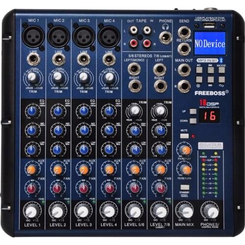 Freeboss SMR8 4 Mono + 2 stereo 8 channels 16 DSP good quality hot sell Bluetooth USB Play Record professional audio dj mixer