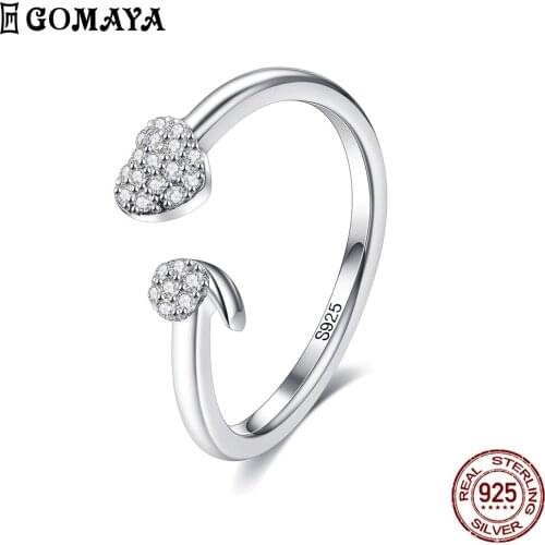 GOMAYA 925 Sterling Silver Romantic Heart Shaped Adjustable Finger Rings For Women Shine Cubic Zirconia Wedding Fashion Jewelry
