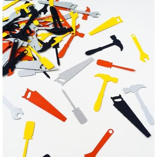 Tools confetti birthday party decoration saw hammer wrench screwdriver cut out confetti on the table