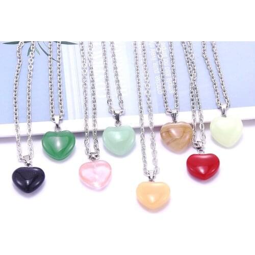Classic Simple Natural Stone Colored Heart Pendant Quartz Malachite Crystal Mens Womens Fashion Jewelry Aura Necklace Amulet