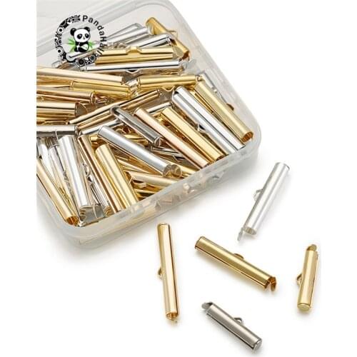 Pandahall 1Box Brass Slide On End Clasp Tubes Slider End Caps for Jewelry Findings Mixed Sizes