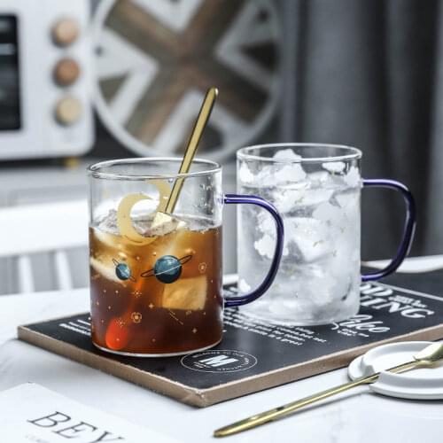 450ML Colour Glass mug Water cup Printing Starry Sky Coffee Mug with spoon lid Breakfast Milk Cup Childrens Gift