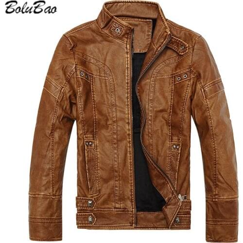 BOLUBAO Mens Motorcycle PU Leather Jacket Spring and Autumn Stand-Up Collar Leather Jacket Fashion Slim Fit Jacket Male