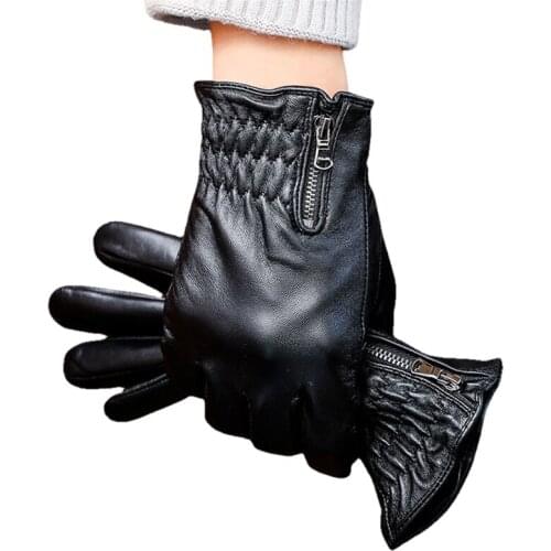 Mens Genuine Leather Gloves fashion classic short side zipper style Real Sheepskin Black Touch Screen Winter Warm