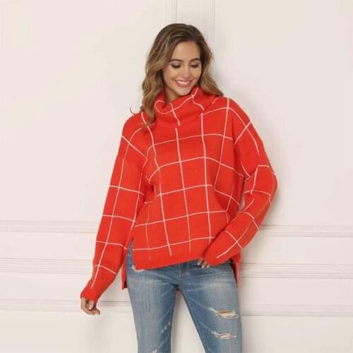 Autumn Winter Plaid Knitted Sweater Women Long Sleeve Korean OL Elegant Pullover Turtleneck Collar Slim Female Knitted Top