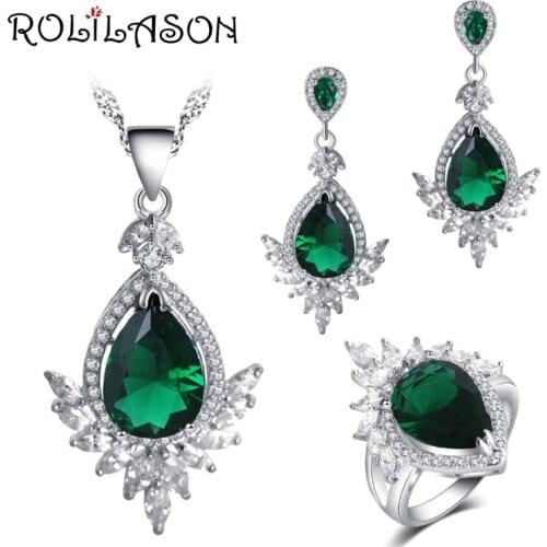 ROLILASON Trendy Green Cubic Zirconia Wedding Gift for Women Silver stamped Earring Necklace Ring Jewelry Set JS768