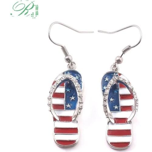 RJ New Fashion American Flag Crystal Earrings Slippers Shape Pentacle Girl Patriot Ear Studs Brincos For Women Bijoux Gift
