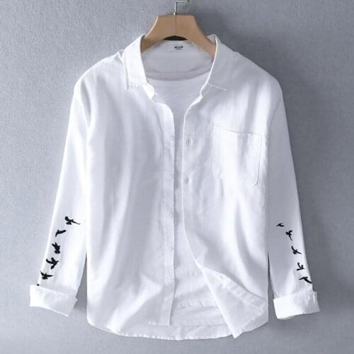 2019 New cotton and linen mens casual shirt fashion embroidery shirt male long sleeve white shirts men brand tops chemise