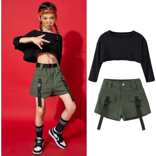 Street Dance Performance Stage Wear Girls Jazz Dancing Practice Costume Suit Long Sleeve Crop Tops Hiphop Clothing Outfit YS1491