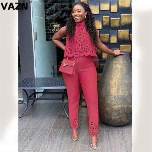 VAZN Plus Size Summer Office Lady Lace Appliques Sexy 2020 Set sleeveless Full Pant 2 Piece Sets Night Club Young Shinny Sets