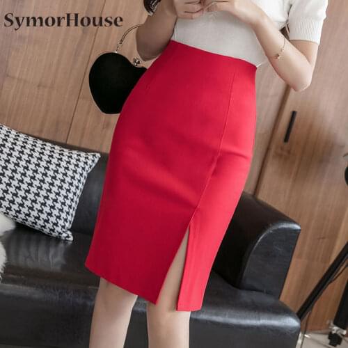 High Waist Black Pencil Skirts Women Comfortable Elastic Fabric Large Size Knee-Length Office Red Split Skirt Female