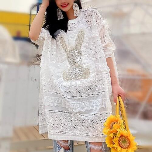 Women Summer Long Blouse Sweet Ruffles Lace Sequined Rabbit Shinny Woman Tops Ladies Party White Beaded Pearls Blousa Tops NS749