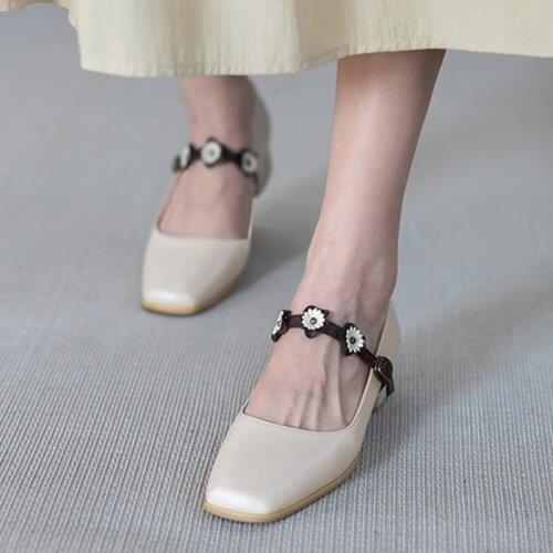 Women Mary Janes Shoes Flowers Designer Shoes 2020 New Fashion Mid Heels Dress Shoes Square Toe Party Shoes For Female 8558N