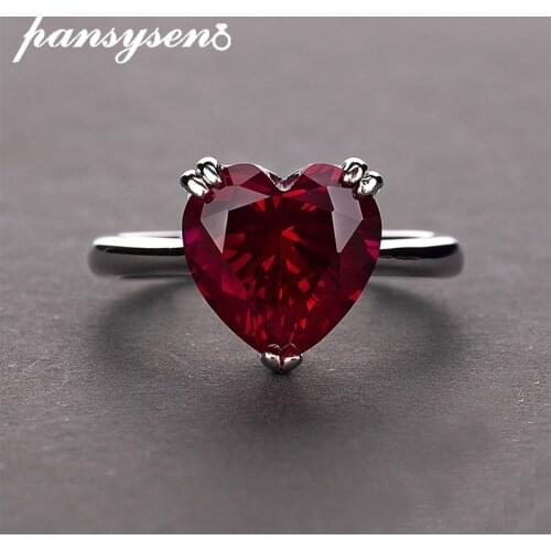 PANSYSEN Red Ruby Heart Gemstone 925 Sterling Silver Wedding Rings For Women Bridal Fine Jewelry Engagement Ring Accessories