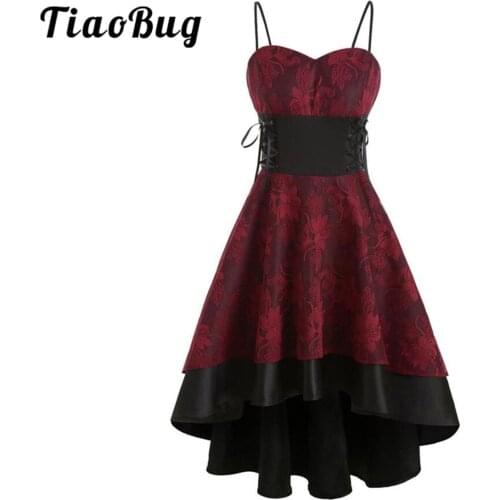 Women Ladies Retro Party Dress Lace Up Embroidery Spaghetti Strap High Low Dress Elegant Womens Banquet Eveing Dresses Vestido