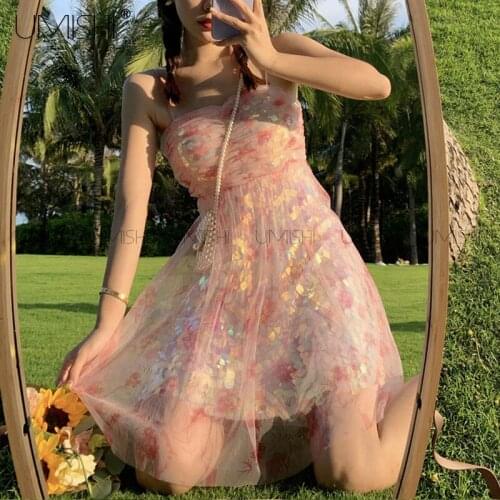 Pink Glitter Bling Sparkly Tulle Printing Strap Mini A-Line Dress Women Straples Bodycon Summer Mermaid Princess Holiday Outfits