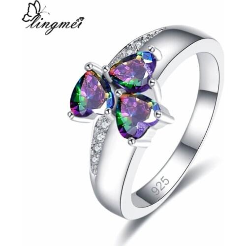 Lingmei Gorgeous Cocktail Party Jewelry Heart Love Rainbow & Green & White Cubic Zircon Silver Color Ring Size 6-9 For Women