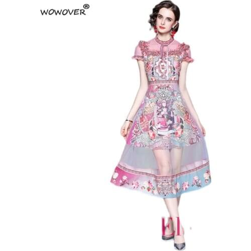 Runway Fashion Womens Short Sleever Ruffles Cartoon Girl Patterns Print Midi Mesh Dress for Summer Sweet Party Robe Femme Sexy