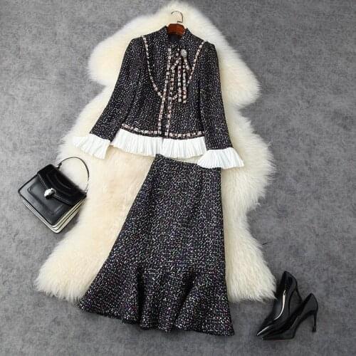 2021 spring autumn women elegant skirt set beading sequins patchwork coats + fishtail skirts 2 pieces set celebrity OL set Y372