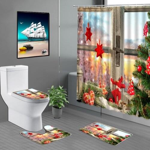 Winter Wooden Window Christmas Tree 3D Bathroom Curtain 4PCS Shower Curtain Bath Mats Rug Carpet Toilet Decor Bathroom Products