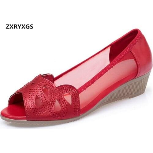 Summer Fish Mouth Shoes Cowhide Mesh Rhinestone Sandals Fashion Shoes Large Size Sandals Wedges Comfortable Women Sandal Shoes