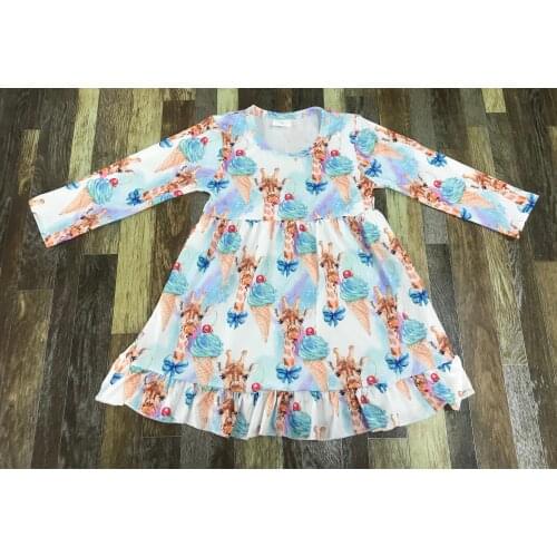 Children autumn boutique lovely giraffe cartoon pattern ice dessert tube lace long sleeve dress