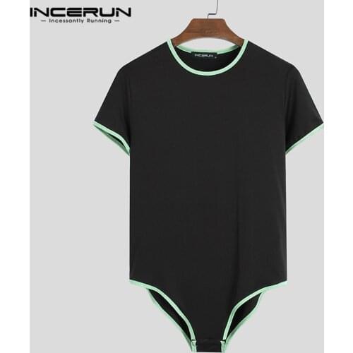 Men Patchwork Romper T-Shirts INCERUN Casual Short Sleeve Round Neck Bodysuit Tee Tops Fashion Sexy Jumpsuit T Shirts Plus Size