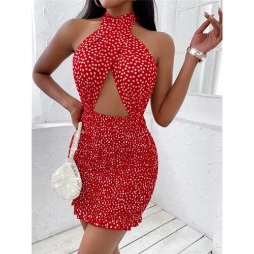 Summer Bohemian Floral Printing Dresses Women Cross Halter Neck Backless Bodycon Mini Dress High Waist Ruffle Clothing Beach