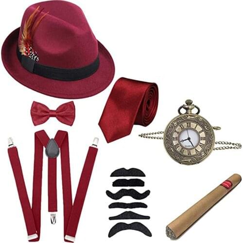 Cosplay Costumes Mens 1920s 20s Gangster Party Set Hat Braces Tie Cigar Spats Whisker Costume Accessories