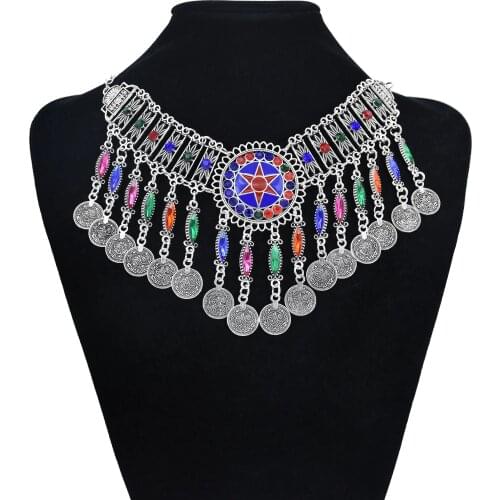 Bohemian Vintage Metal Color Rhinestone Coin Tassel Statement Necklace Earring Set Afghan Gypsy Ethnic Dance Jewelry Set