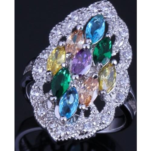 Captivating Oval Multigem Multicolor Yellow Cubic Zirconia Silver Plated Ring V0593