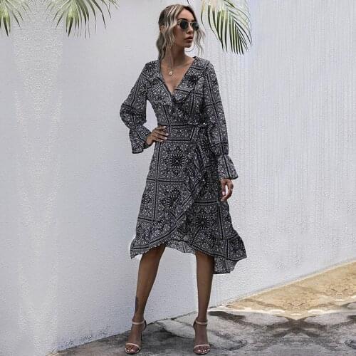 Beach Holiday Fall Dresses Fashion Casual Bohemian Clothes Sexy Wrap Dress Autumn 2020 New Long Sleeve Ruffle Ladies' Streetwear