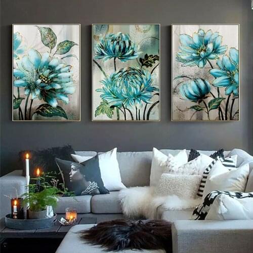 Retro Blue Flower Botanical Wall Art Golden Line Pictures Nordic Posters And Prints Canvas Painting Living Room Home Decor