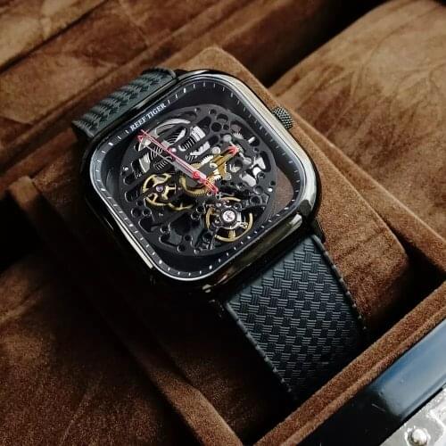 Reef Tiger/RT Top Brand Rubber Strap Square Dial Skeleton Watch Sapphire Glass Waterproof Automatic Mechanical Men Watches