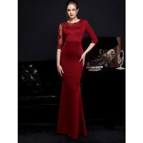 YIDINGZS Elegant Burgund Appliques Beads Evening Dress See through Tulle Long Sleeve Dress