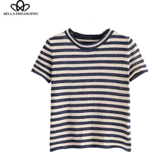 Bella Philosophy women elegant striped knitted blouse short sleeve O neck stretchy basic shirt female casual summer tops blusas