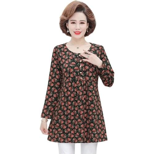 WomenS Spring Autumn Clothes Plus Size XL-4XL 5XL Casual Loose Pullover Tee Shirts Femme Mother Long Sleeve Tops Floral T-Shirt