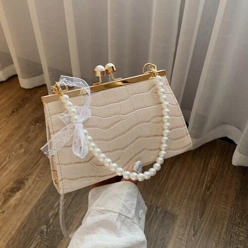 Ladies Quality Solid color Alligator Pattern PU Leather Shoulder Bag Crossbody Bags For Women Purses Clip Buckle Pearl Chain Bag