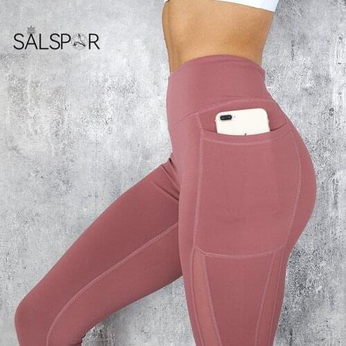 SALSPOR sexy Fitness High Waist Leggings Women Mesh Stitching Leggings Push Up Leggings Gym Sports Running Workout Leggings