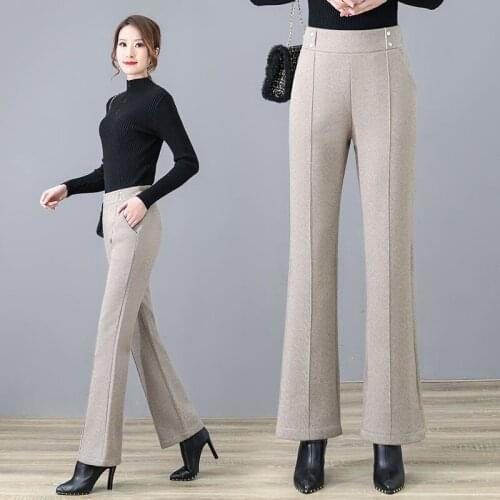 Woolen Pants Womens Flared Pants 2021 Autumn Winter High Waisted Casual Suit Pants Office Lady Full Length Women Trousers X668