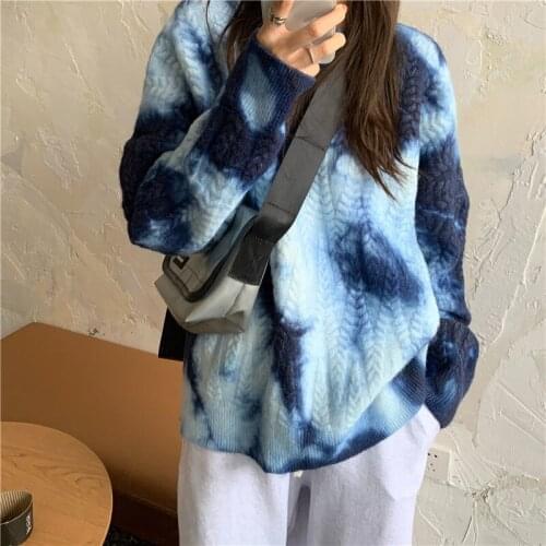 Bella Philosophy Wonder New Vintage Tie Dye Oversize Sweater Warm Thick Purple Pullovers Batwing Sleeve BF Tops Knitted Outwears