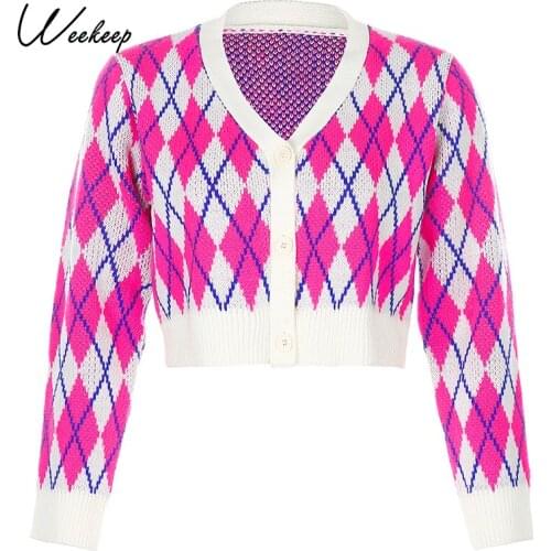 Weekeep Pink Argyle Plaid Sweater Cardigan Women Streetwear Knitted Keep Warm 90s Retro Long Sleeve Crop Button Sweater Tops New