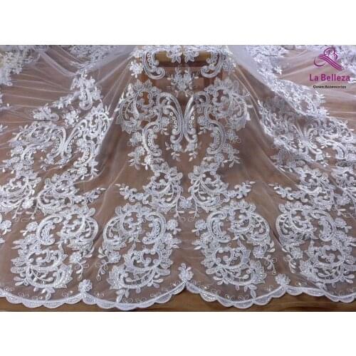 La Belleza Pure white polyester with clear sequins large patteners wedding dress lace fabric 51'' width 1 yard