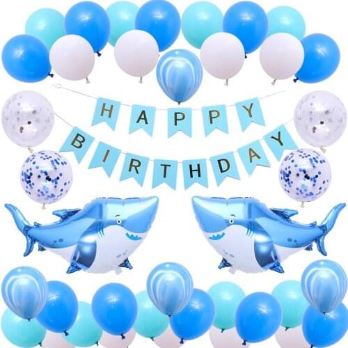 1Set Shark Cartoon Balloons Set Under Sea Animal Happy Birthday Banner Kids Party Paper Banner Decor Party Supplies
