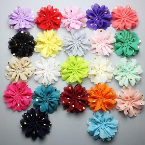 100pc/lot 3.2inch Polka dot chiffon flower with rhinestone fabric flowers for headbands 24colors flat back gold dots kid flowers