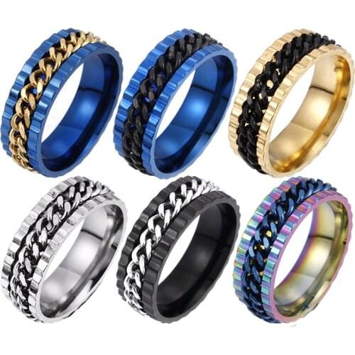 2021 Fashion 8mm Stainless Steel 6 Color Rotating Chain Link Punk Style Personality Mens Ring Jewelry Charm Party Gift